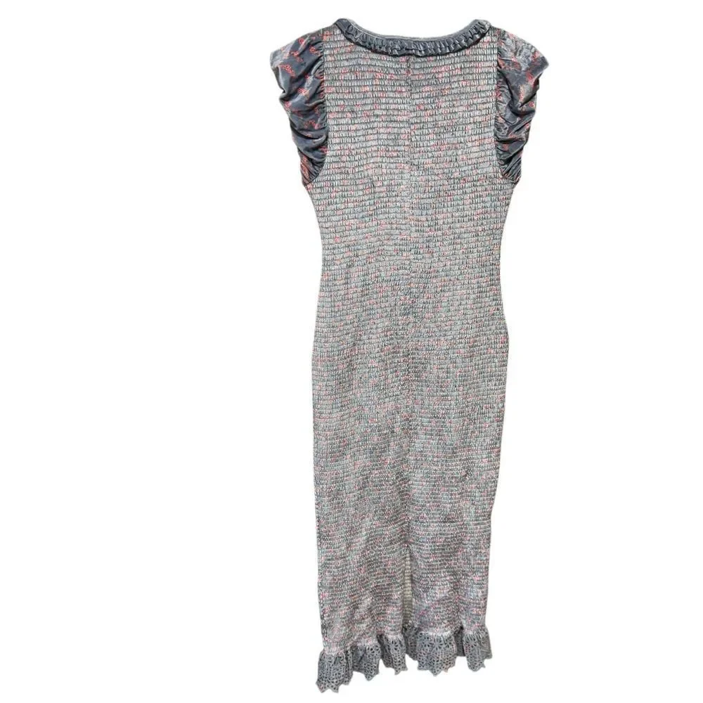 Revolve Free People Mckenna Velvet Midi Dress Smocked Slim Fitted Blue Combo - Picture 7 of 10
